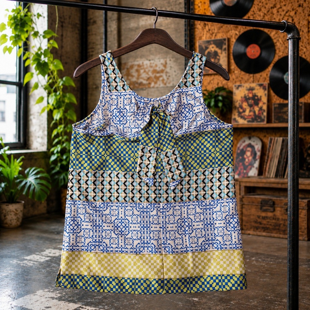 Small Geometric Patchwork Print Sleeveless Top Blue Green Geometric Boho Blouse
